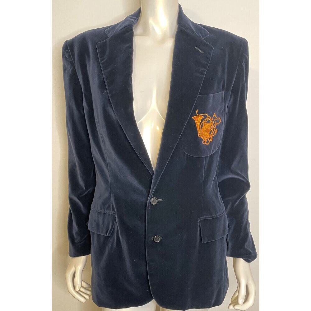 Ralph Lauren Navy Blue Velvet Fox Crest Blazer Jacket Womens 10 Embroidered Horn